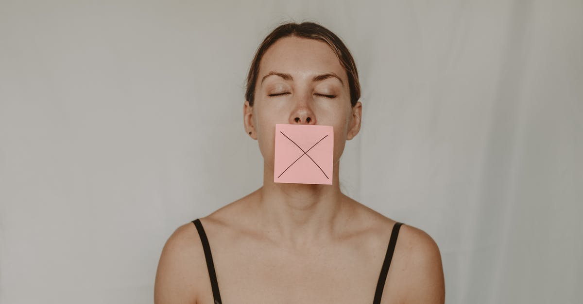 90/180 rule (Schengen Visa) - Young slender woman with closed eyes and mouth covered with sticky note showing cross on white background