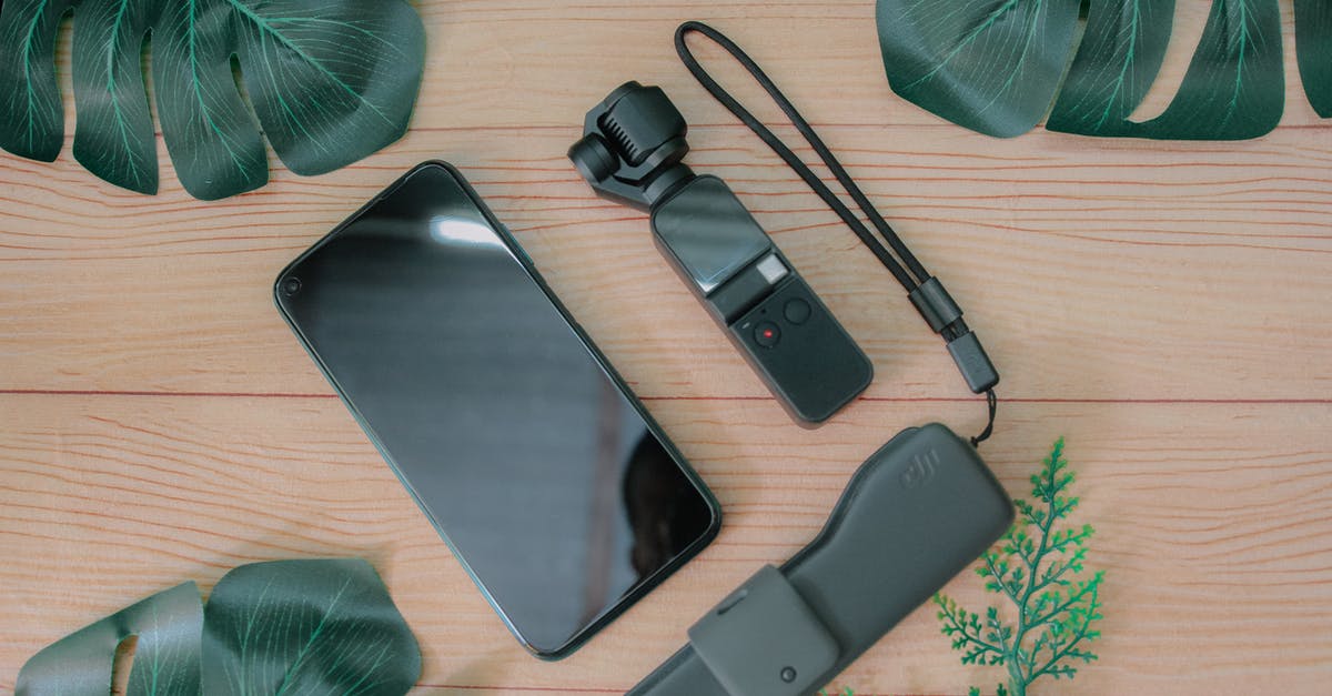 A complete set of driving rules in Norway - Top view composition of mobile phone placed near USB flash drive and mini gimbal camera on wooden table with green foliage