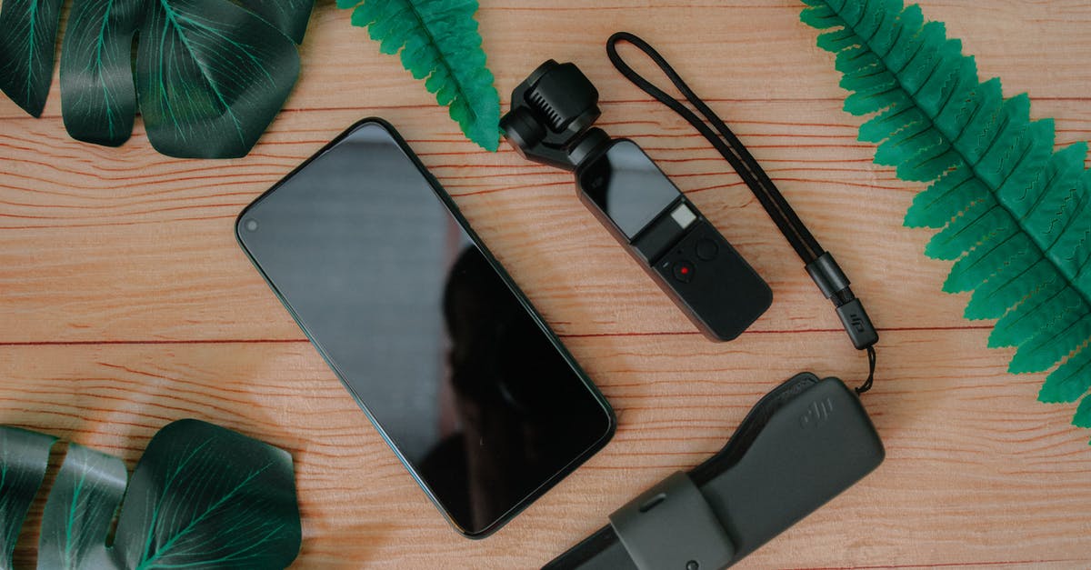 A complete set of driving rules in Norway - Top view of mobile phone and mini handheld camera with flash drive composed on wooden table with green leaves of tropical plants