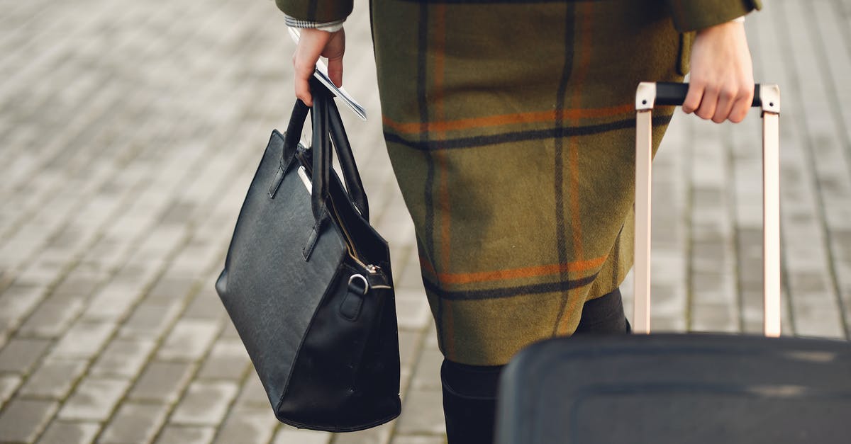 A Convention Travel Document (CTD) or Titre de Voyage [closed] - Back view of unrecognizable young female traveler in warm trendy plaid coat strolling on pavement with suitcase and bag while taking passport and tickets on city street in cold season