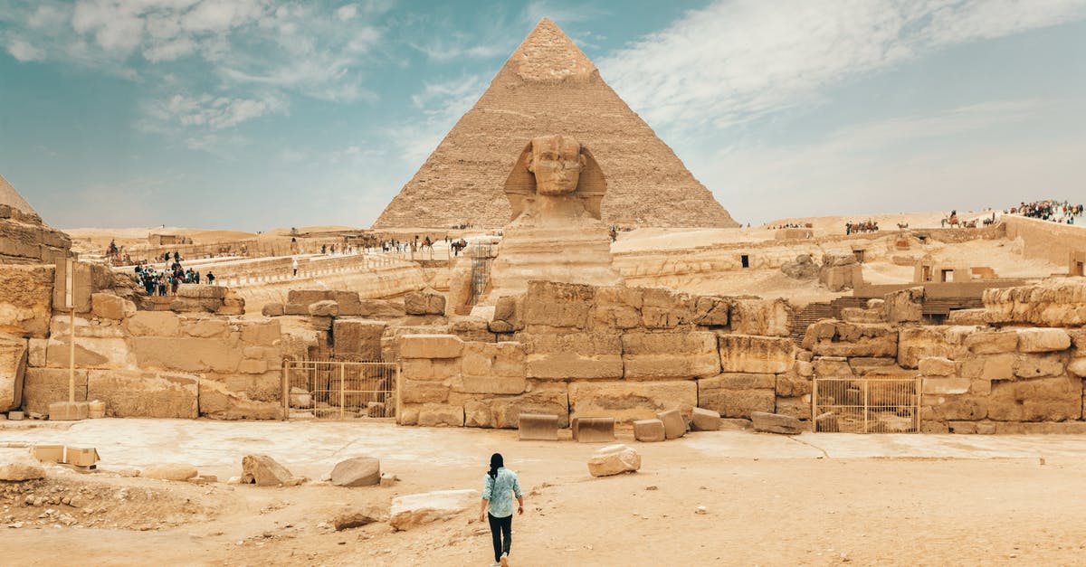 Accommodation at relative's during standard visit visa in UK - Back view of unrecognizable man walking towards ancient monument Great Sphinx of Giza