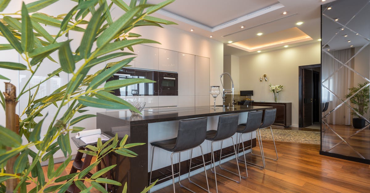 Accommodation on Tailana island, is there any now in 2015? - Kitchen island with black leather chairs in spacious modern apartment with white minimalist furniture and built in appliances