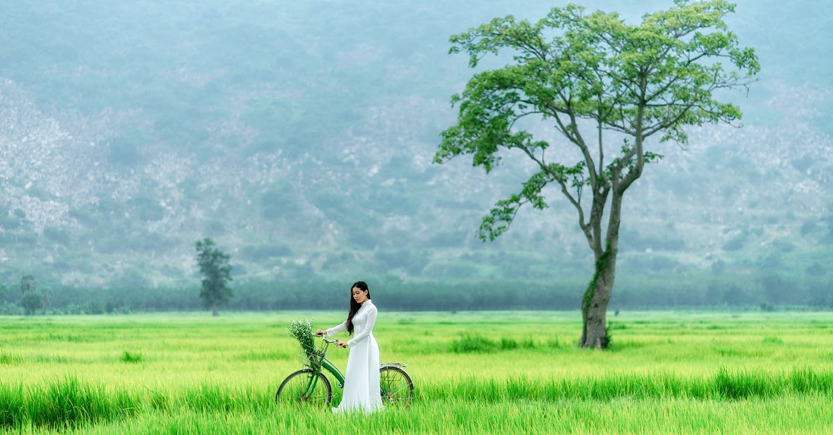 Add a bicycle with Aerolineas Argentinas - Asian Woman Walking With Bike In Green Field