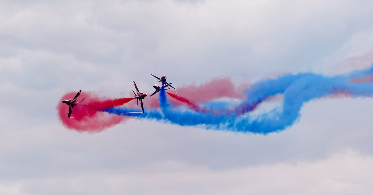 Airlines actions for overbooking a flight - Performance of modern military aircraft with colorful smokes flying in cloudy sky