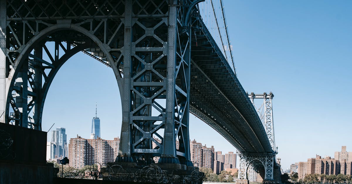 Alcohol limitations crossing into Canada from U.S - From below of aged metal suspension Williamsburg Bridge crossing river and connecting Brooklyn and Manhattan