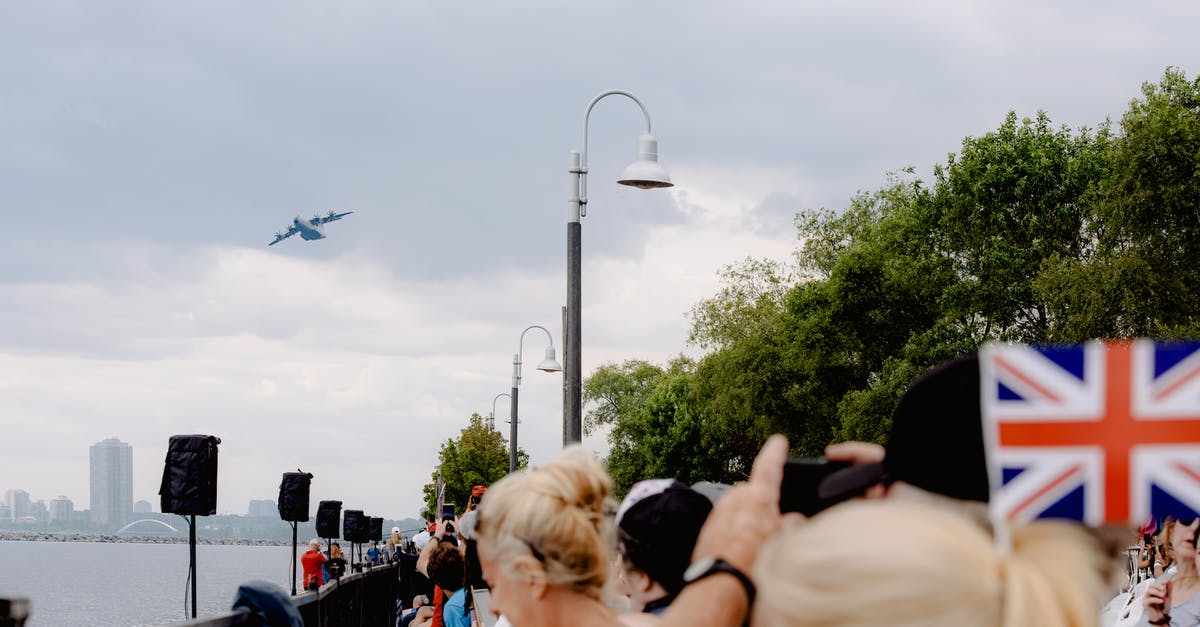 American citizen crossing from UK to France - Crop anonymous people with UK flag admiring plane flying in cloudy sky during festive event in town