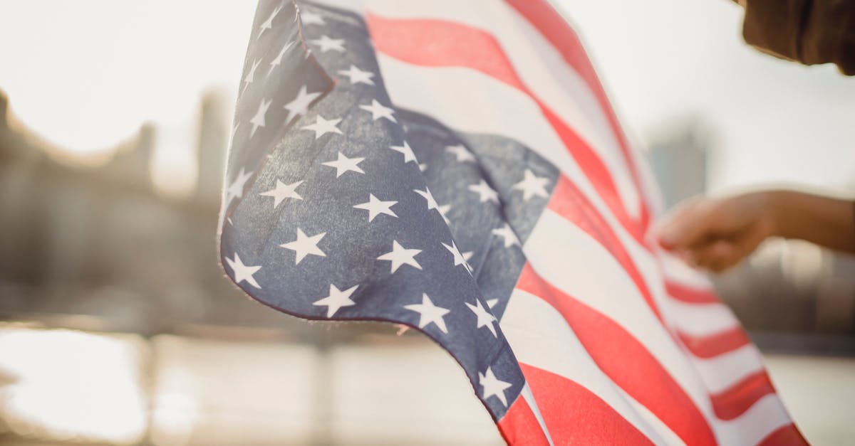 American citizen traveling back to US with foreign friend - From below of crop person holding national flag of United States of America waving in wind on street against city river