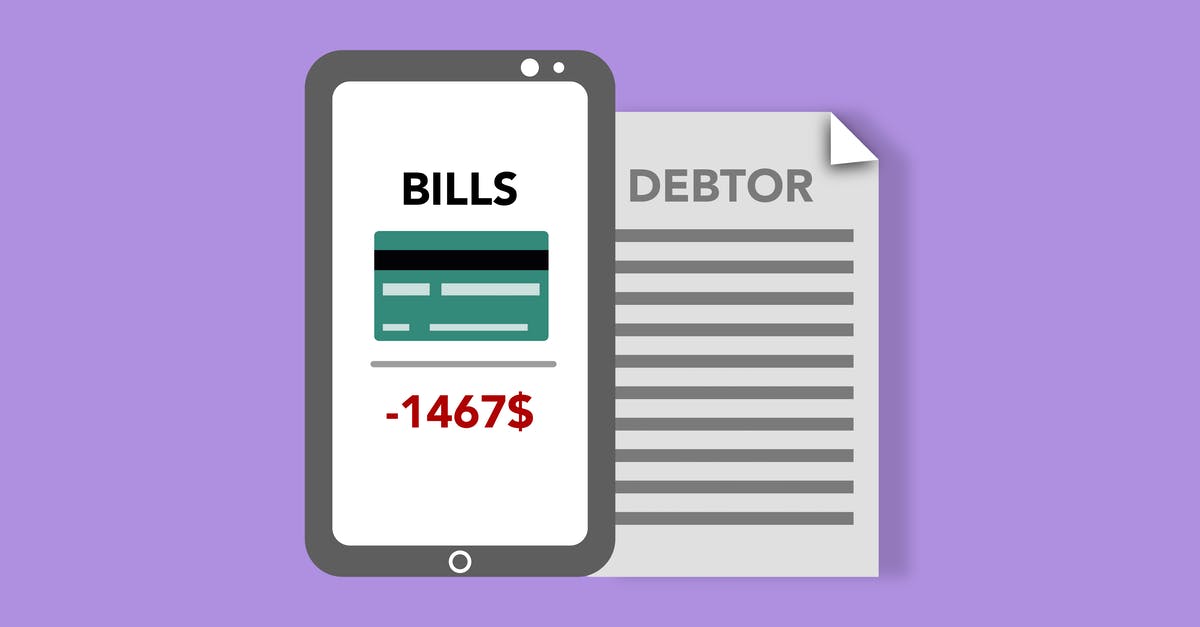 Application for Schengen visa when bank statement is not available - Vector illustration of smartphone with credit card picture and bills inscription placed near debtor document against purple background