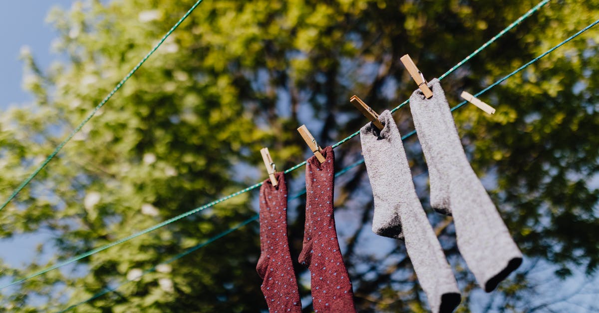 Appropriate clothing for Pantanal in Brasil during the dry season - From below of multicolored socks hanging and drying on rope in row with clothespins under green branches of tree in sunny summer day