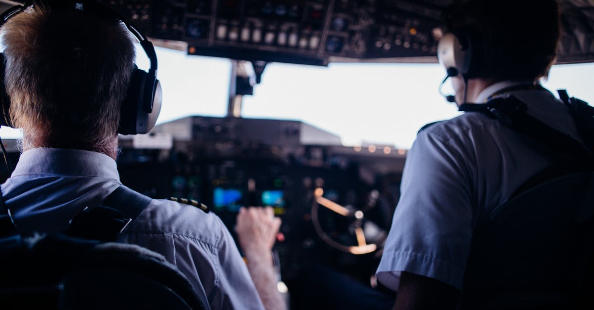 Are most staff at Brussels airport Dutch or French-speaking? - Back view of anonymous male pilots in uniform and headset navigating modern airplane while taking off