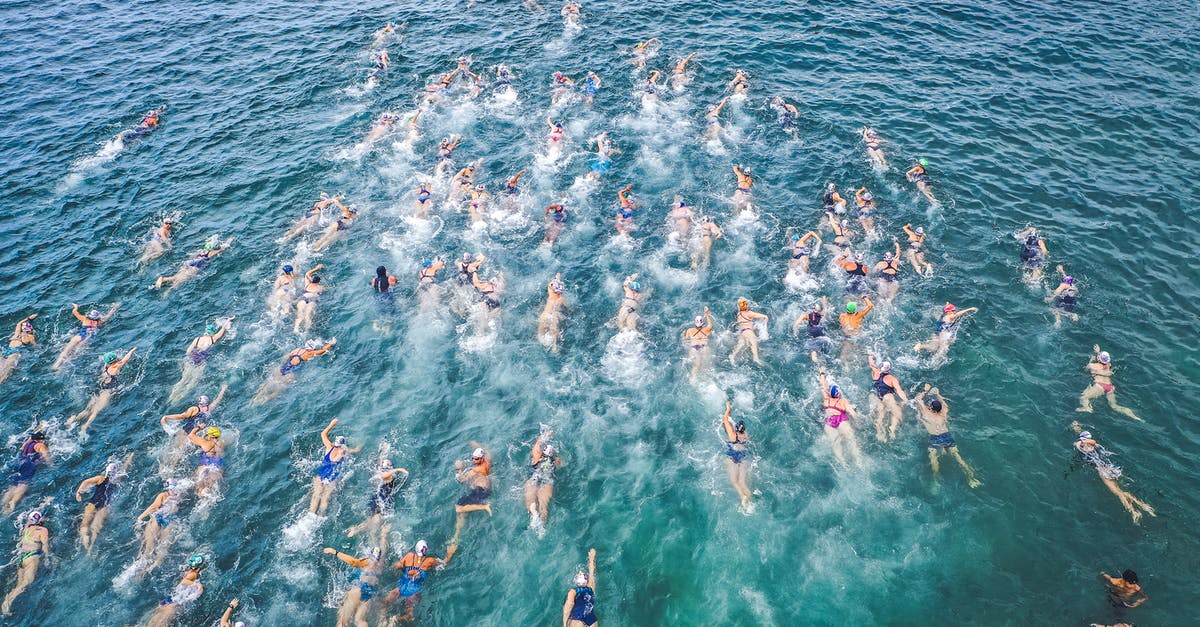 Are the beaches in Rosarito Mexico clean enough for swimming? - Aerial view of challenge participants in swimsuits swimming forward in splashing clear water