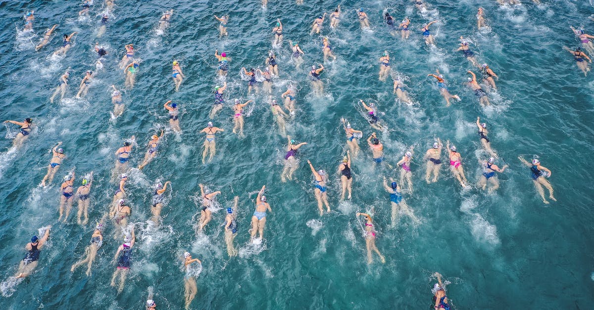 Are the beaches in Rosarito Mexico clean enough for swimming? - Drone view of swimmers in ocean water during race competition in tropical country