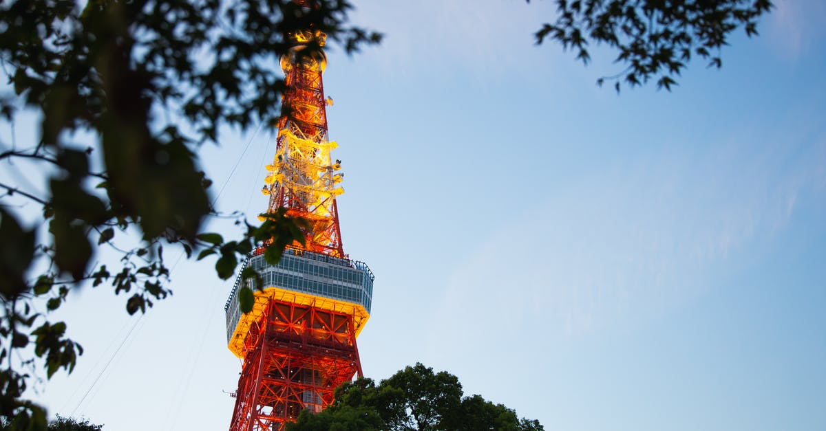 Are there any Japanese castles currently under construction? - From below of colorful high metal television tower with observation deck near tree branches in Tokyo