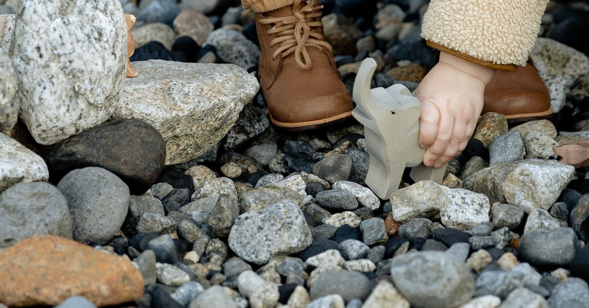 Are there any stone elephants in Shanghai? - Unrecognizable little child in warm clothes and brown boots playing with stone toy of elephant between stones on seashore in winter