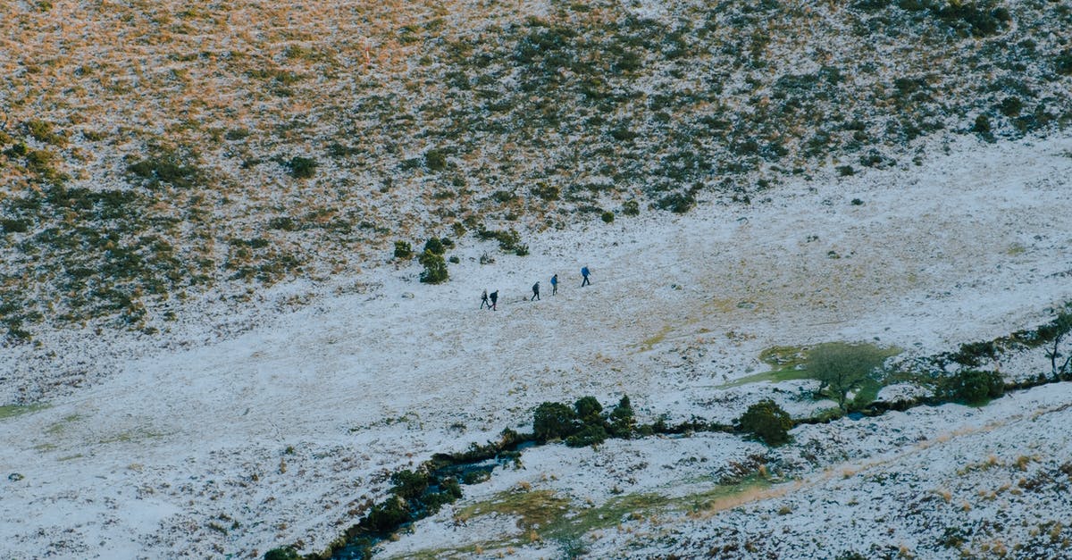 Are there any submarine group trips originating from the UK? - Group of tourists walking on snowy hilly terrain