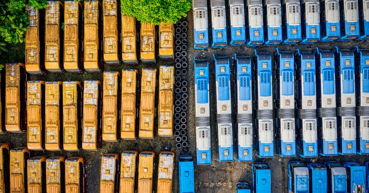 Are there buses from Madrid Airport to Gran Via, Calle? - Aerial Photography of Buses With Different Colors