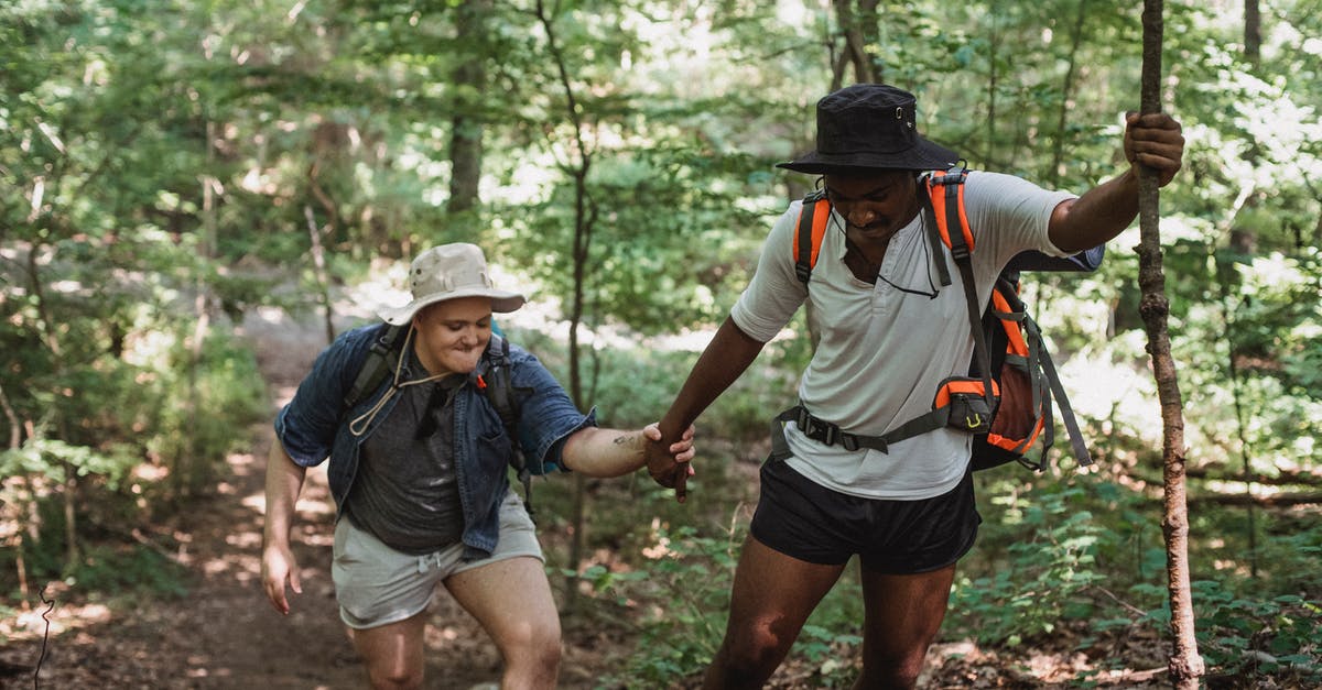 Are there crowd-sourced websites for travel bucket lists? - African American traveler in bucket hat with wooden stick helping friend to climb up in forest in daytime