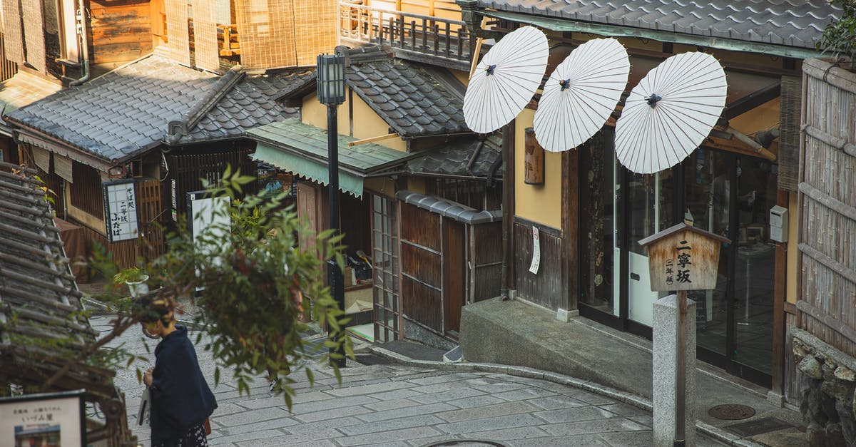 Are there oil platforms which you could visit as a tourist? - From above of unrecognizable female tourist standing on paved walkway near aged typical houses in Higashiyama district of Kyoto