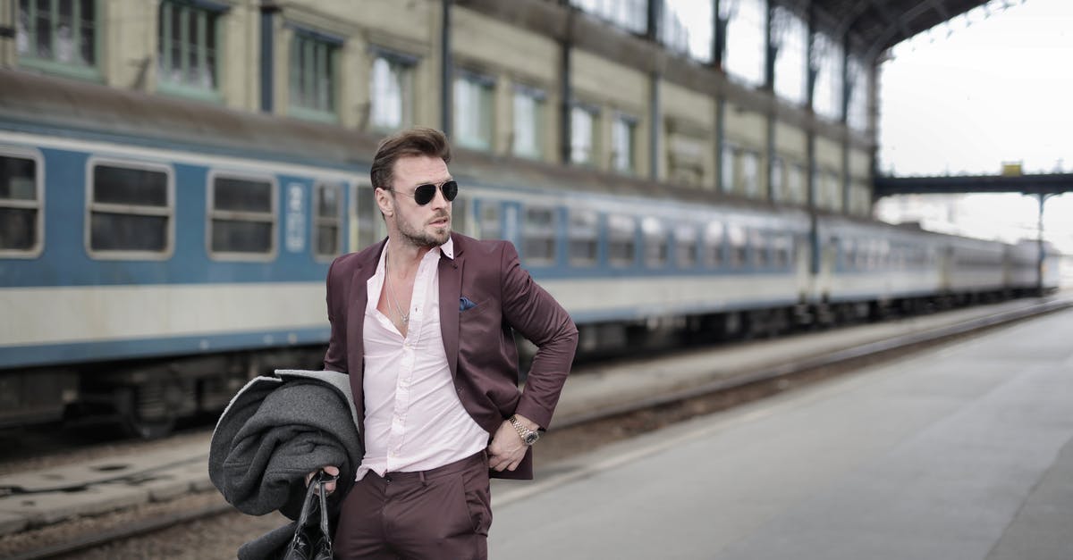 Are there taxi stands at Tbilisi's Navtlugi train station? - Confident trendy male traveler standing on railroad platform with coat and travel bag