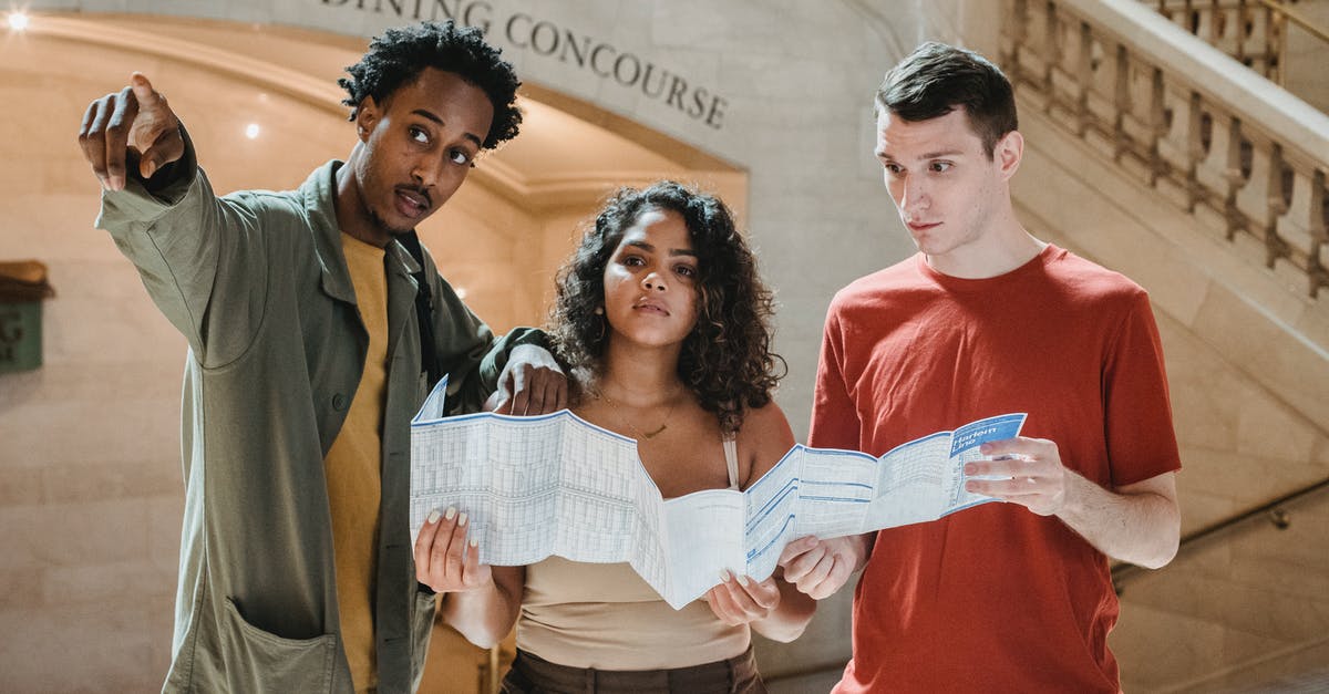 Are traveler checks still used when traveling to California, US - Young African American male tourist pointing away while searching for direction with diverse fiends standing in railway station terminal with paper map in hands