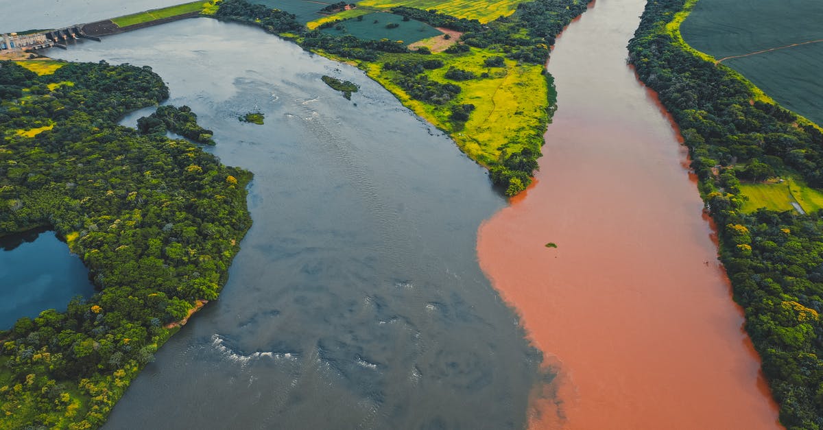 Are visitors allowed in the Amazon forest in Brazil? - Picturesque drone view of confluence of two colored rivers flowing through lush green forests and fields on sunny day in Brazil