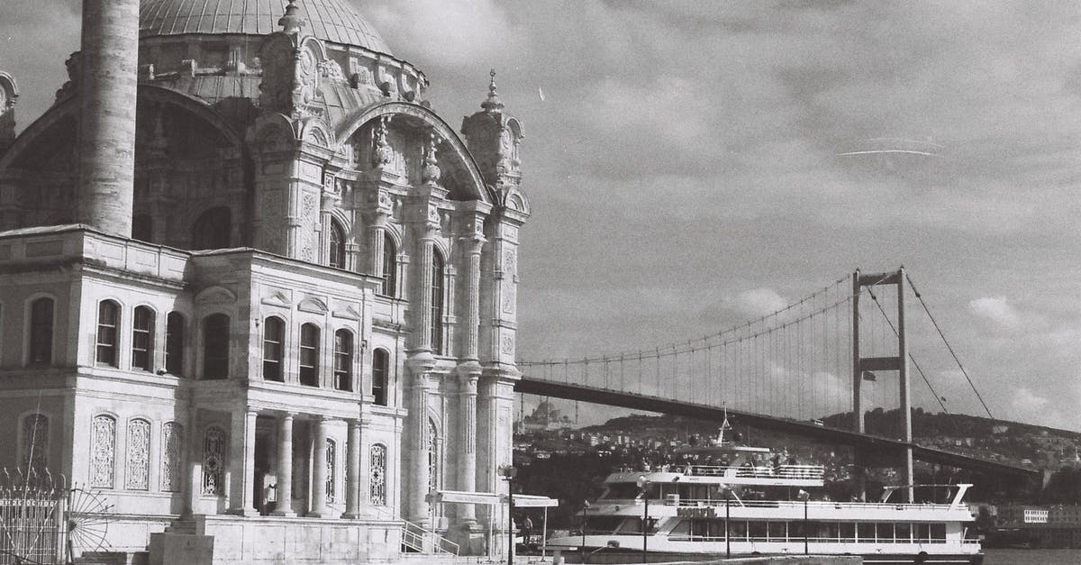 ATM fees in Turkey - Grayscale Photo of Ortakoy Mosque Near the Bridge
