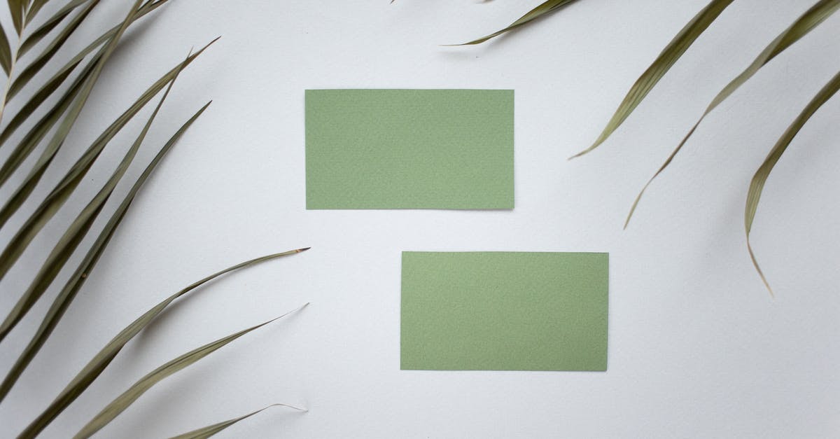 Australian visa requirement for a USA green card holder - Top view of green mock up business cards placed on white background near plant with lush leaves in modern studio