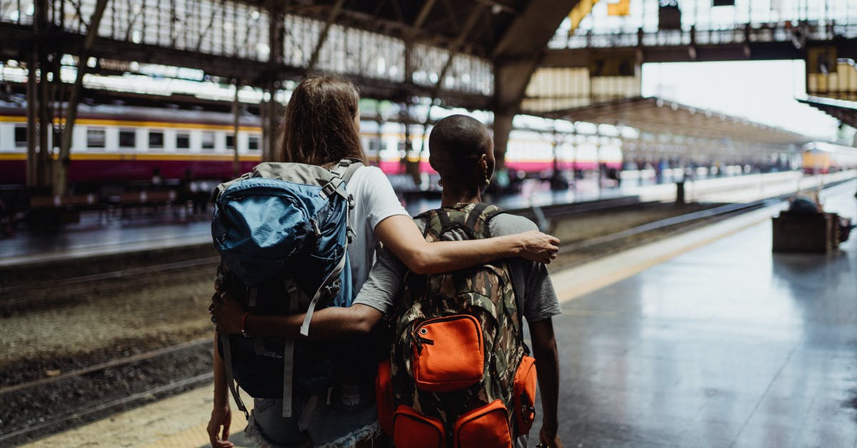 Azerbaijan eVisa - Arrival by Train - Back View of Two Women Walking with Backpacks at a Train Station