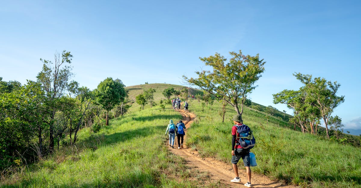 Backpacker 'social groups' for Hippie trail, Gringo trail etc - Faceless hikers walking on pathway on green hill