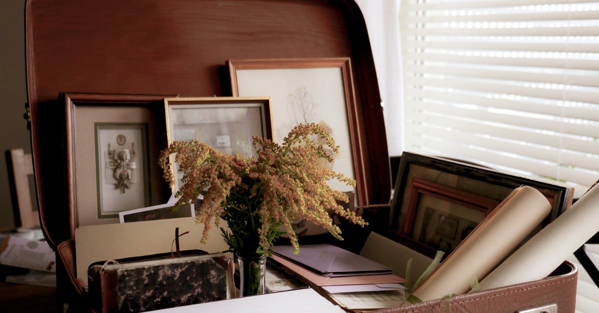 Baggage and check-ins on different airlines - Papers and flowers placed in vintage suitcase on table near window with curtain and window blind