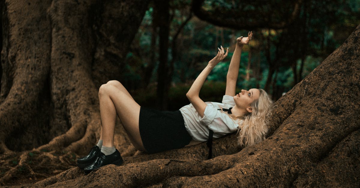 Basic campsites in Black Forest (Schwarzwald) [closed] - Blonde Woman Lying on Massive Forest Tree Roots and Gesturing
