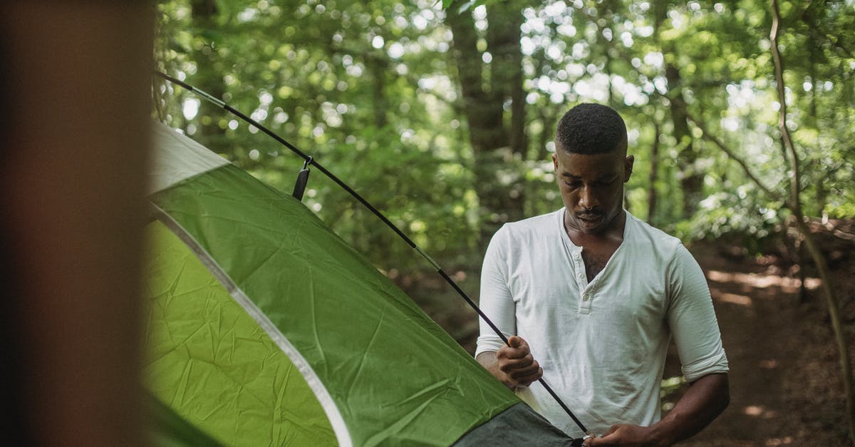 Basic campsites in Black Forest (Schwarzwald) [closed] - Serious young African American guy in white shirt inserting stick of tent in hole during hiking in summer forest