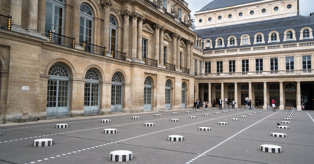 Basic subsistence balance for a visit to France - Inner courtyard of Palais Royal with ornamental windows and Columns of Buren on ground with tourists visiting sight on summer day