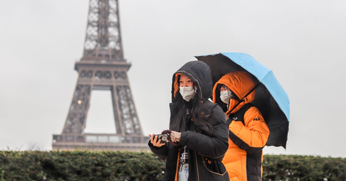 Basic subsistence balance for a visit to France - Anonymous ethnic tourists walking along street on foggy rainy day in Paris