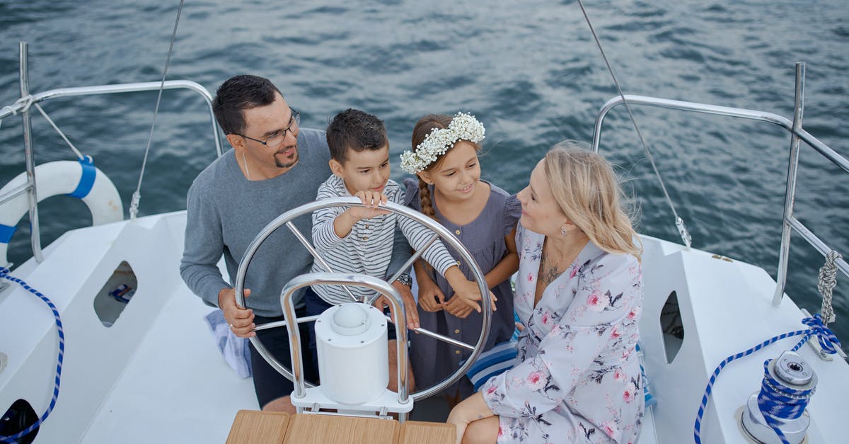 Belgian mother of a American child, want to travel to USA thru Paris airport, to see her bf/child dad - Happy family on yacht sailing on sea during trip