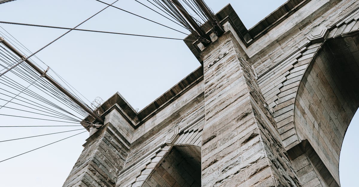 Best way to obtain Canadian Dollars traveling from the US - From below of brick elements on structure with cables on Brooklyn bridge against clear sky