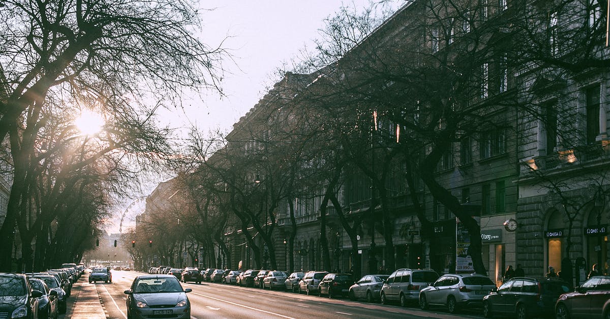 Booking a rent-a-car through VPN (different location) [closed] - Cars driving on asphalt road between parked automobiles and residential houses in modern city district with sun shining through tree branches