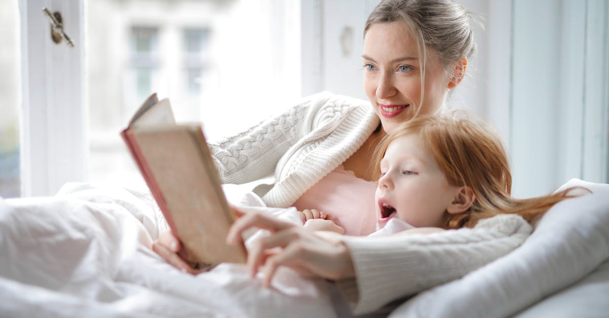 Booking domestic flights in Iran - Cheerful young woman hugging cute little girl and reading book together while lying in soft bed in light bedroom at home in daytime