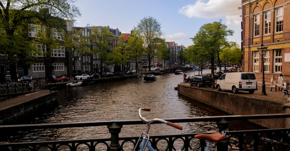 Boxed bike on trains in Amsterdam & Brussels - Blue City Bike on Bridge