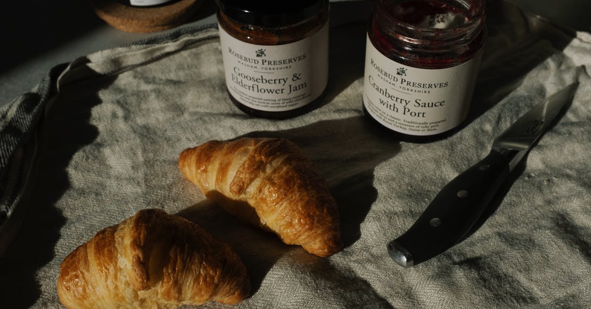 Breakfast places in Munich that open at 6AM or earlier on the weekends? - Delicious pair of fresh croissants with jars of jam and sauce on crumpled gray tissue