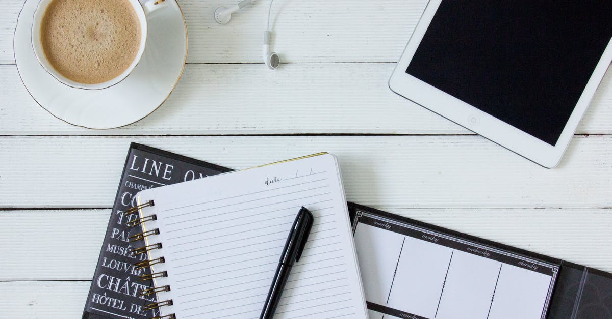 Bringing brand new iPad and tablet - Black Pen on White Writing Spring Notebook Between White Ipad and White Ceramic Mug With Latte on White Plate