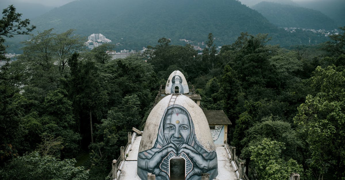 Bringing more than 200 cigarettes from India to UK - From above small domed caves with graffiti on Buddhist meditation house rooftop located in Beatles Ashram in lush green rainforest against cloudy sky in India