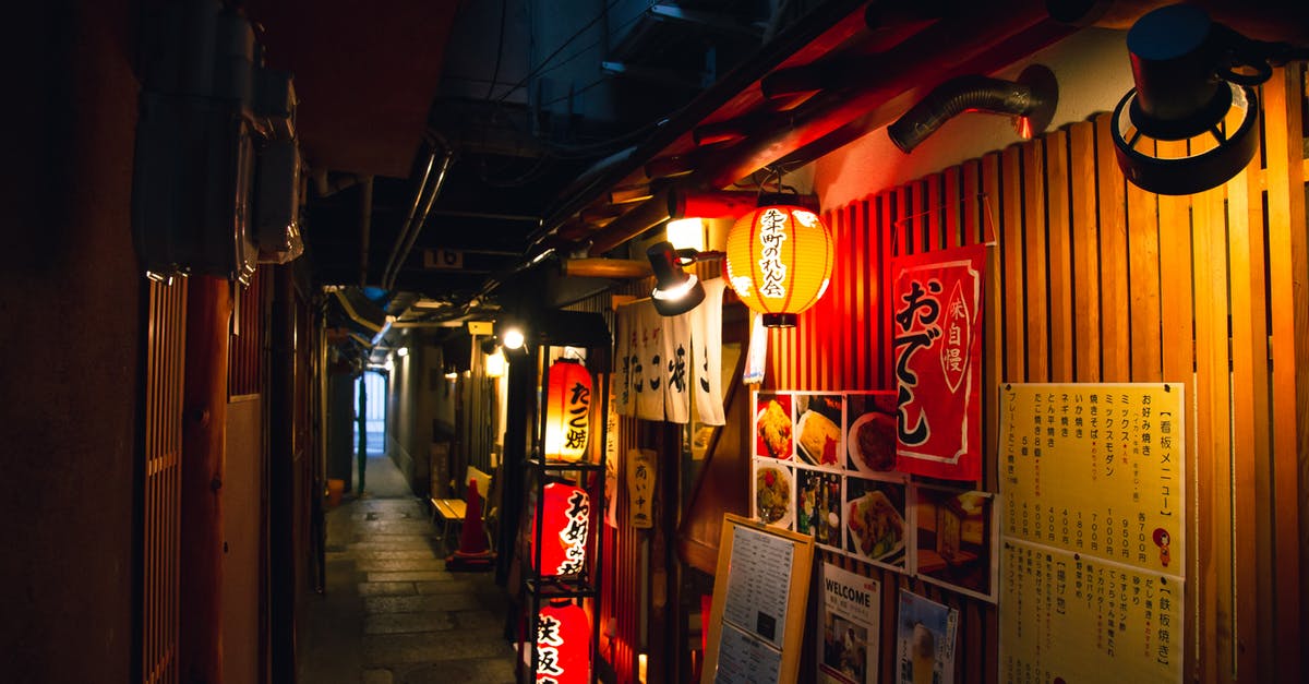 Bringing outdoor food to Japan - Narrow street with traditional Japanese izakaya bars decorated with hieroglyphs and traditional red lanterns in evening