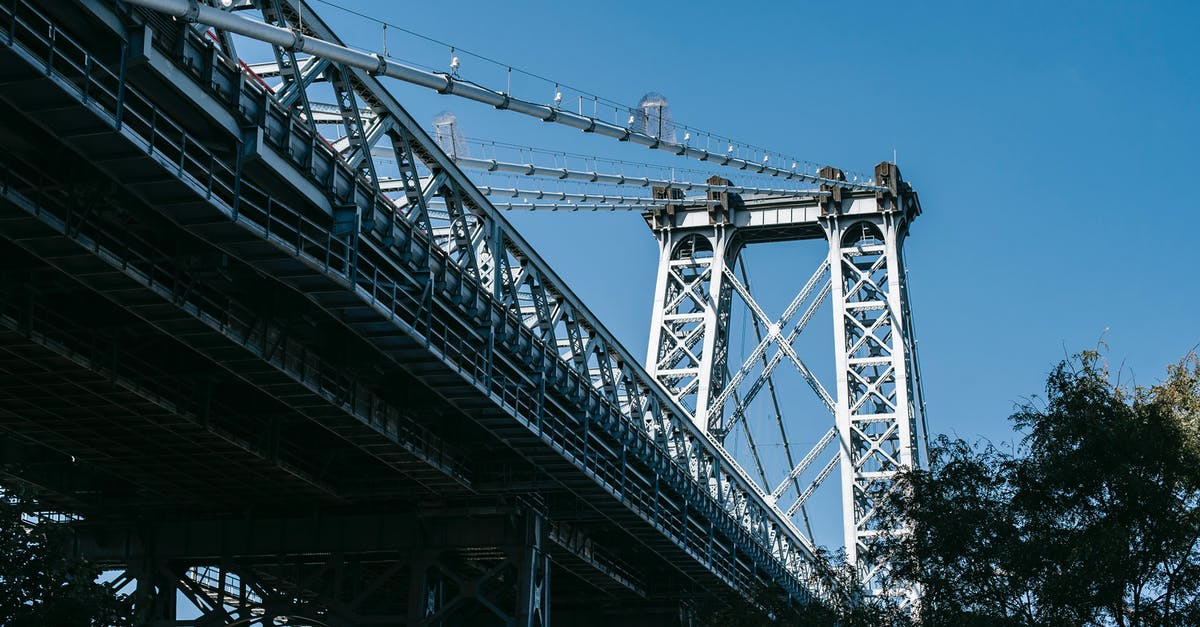 Bringing plants on a plane from US to Denmark - From below of metal Williamsburg Bridge connecting shores of river in New York