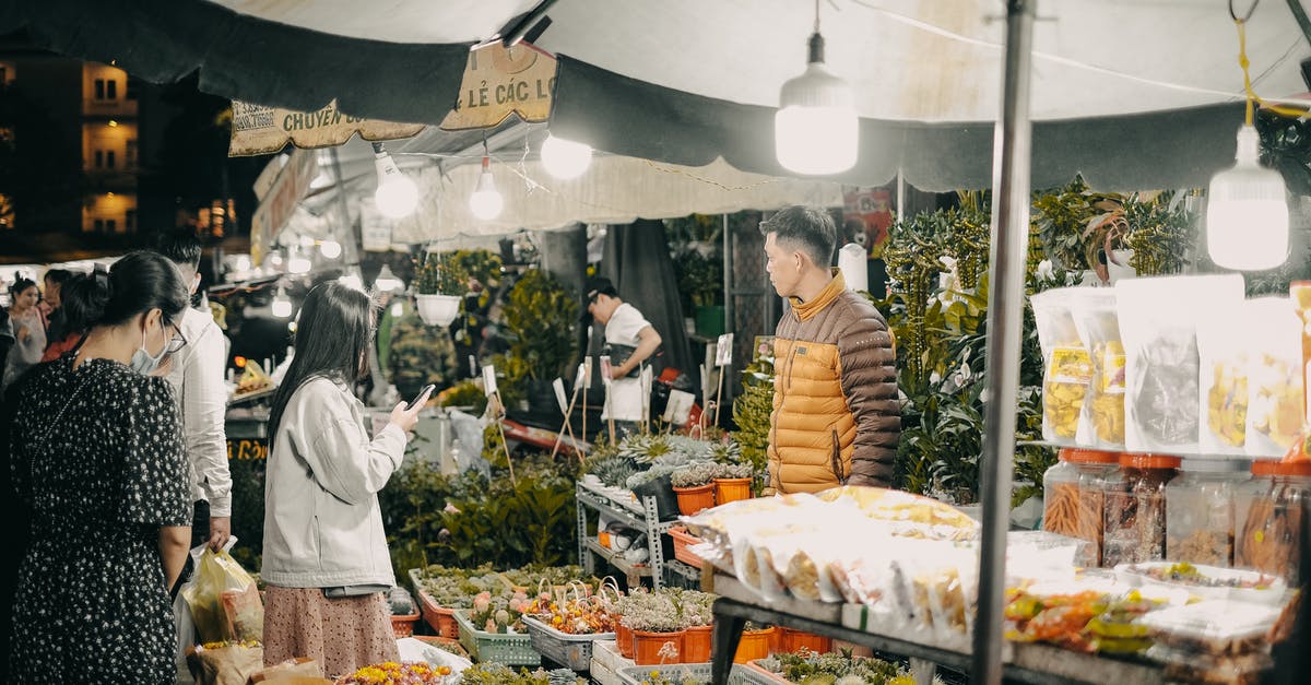 Buying CAD with USD [duplicate] - A Woman Holding a Cellphone Standing in Front of Food Stall