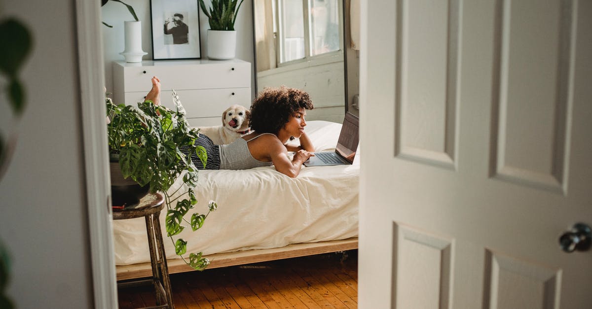 Buying domestic flights in India online - Side view of young ethnic female with netbook leaning on hand while resting on bed with dog at home