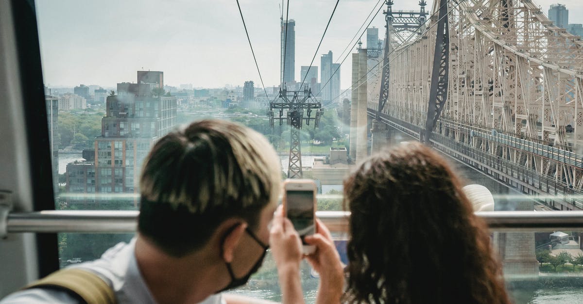 Buying smartphone in US and bringing back to Canada - Unrecognizable couple riding ropeway cabin and taking photos of city