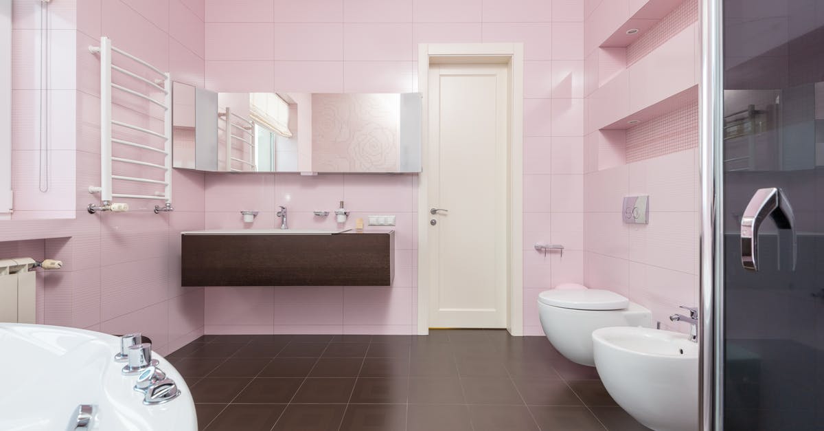 Cabin luggage on Australian domestic flights - Interior of modern bathroom in pink and brown colors with white bathtub and glass shower cabin and mirror hanging on wall