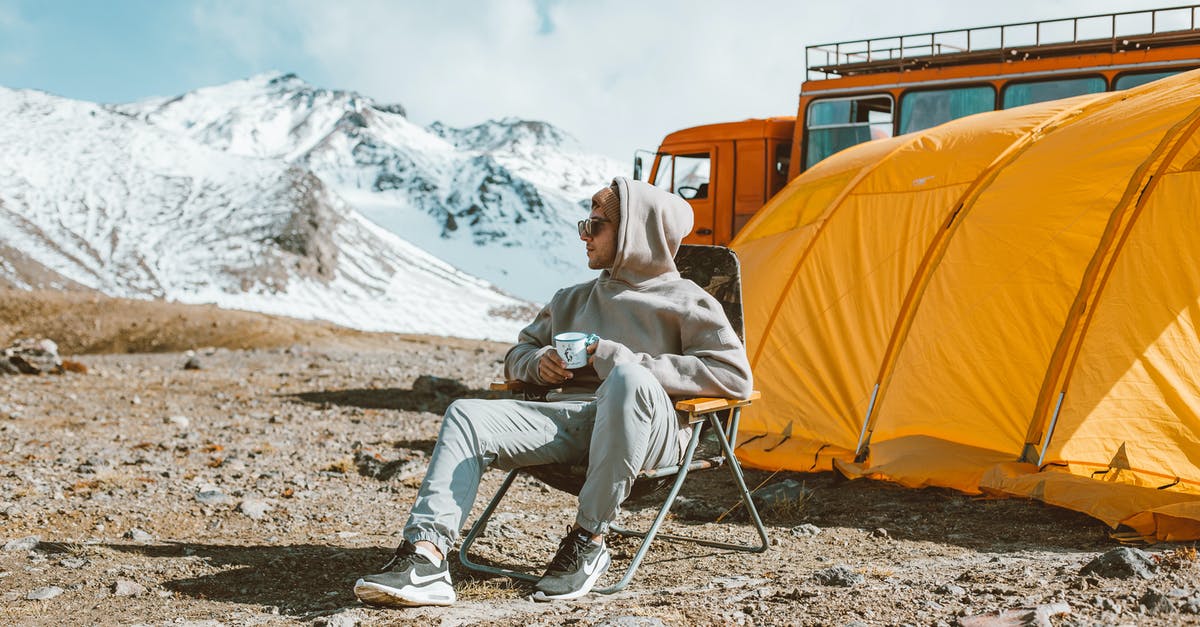 Camping Equipment for Kruger - Full length of male camper sitting on folding chair next to tent in middle of mountain valley and enjoying views