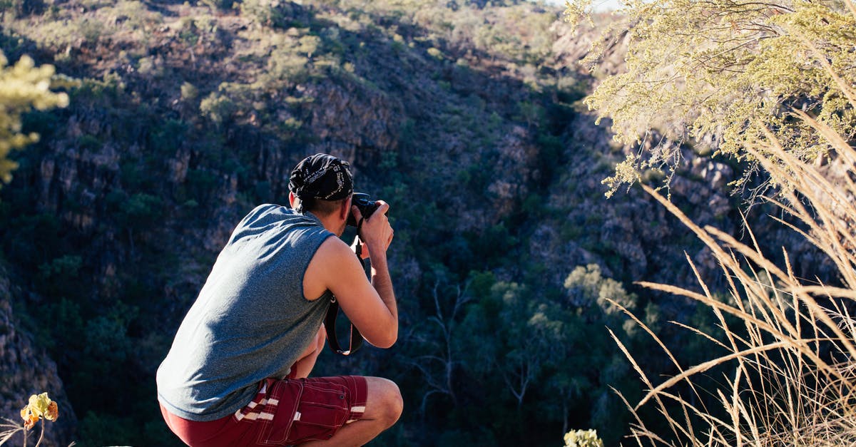 Can anyone recognise the location and uniforms in these pictures - Back view of busy male photographer in summer clothes squatting on edge of hill and taking picture of nature while travelling at daytime